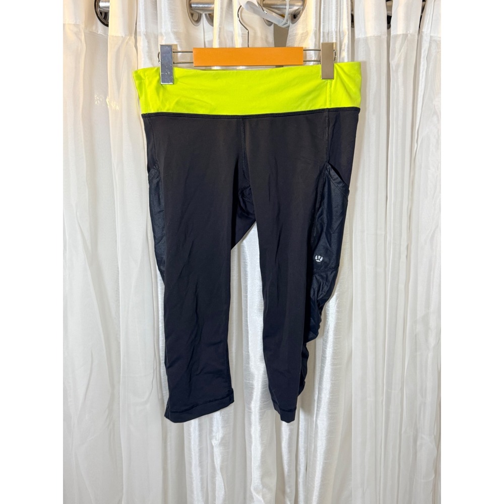 Lululemon Crop Leggings Womens 8 Black Neon Yellow Run Speed Mesh Pocket Ruched